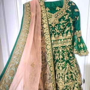 Indian pakistani wedding and party wear  Lehnga, Kurti, and Dupata green & peach